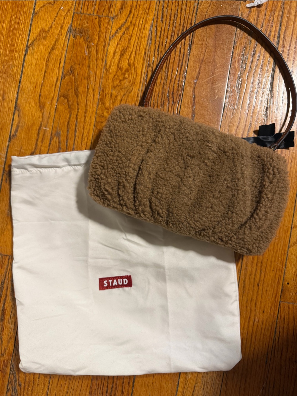 STAUD Brown Sherpa Mini Shoulder Bag with Leather Strap